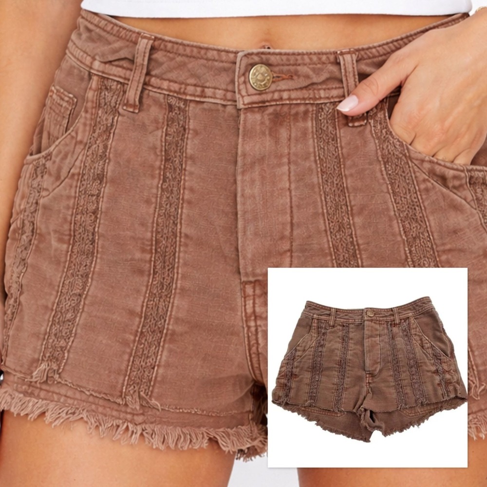 Free People Boho Embroidered Lace Fringe Shorts Festival Casual Summer 0